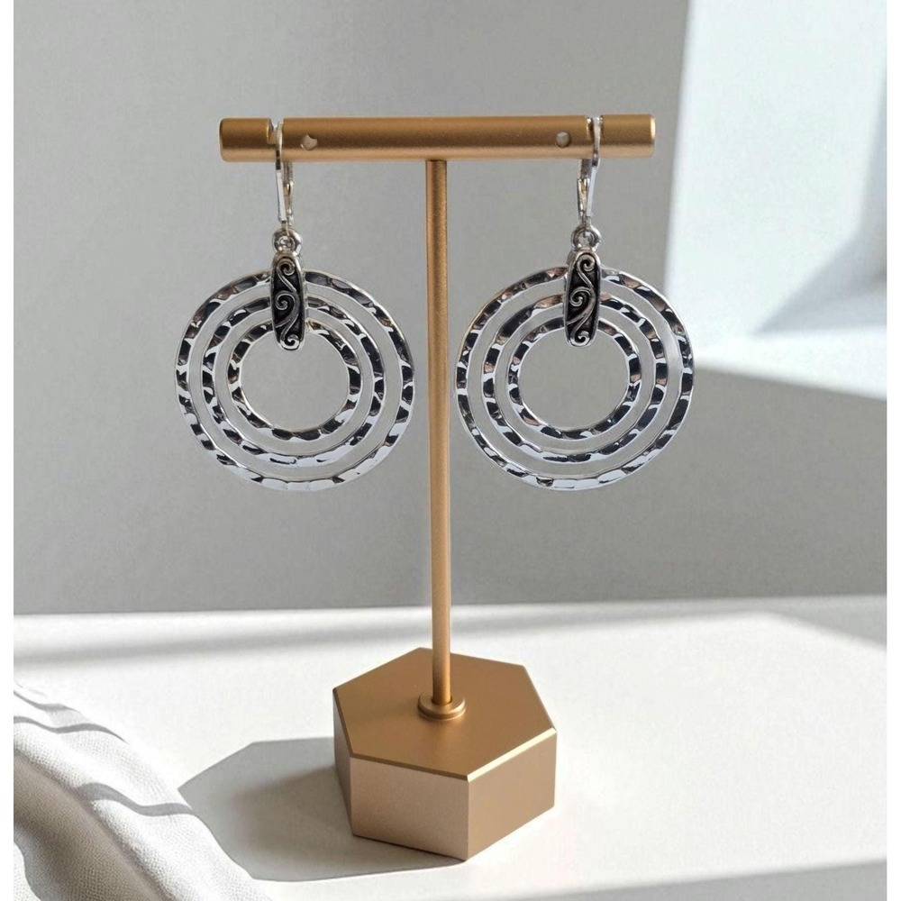 Artisan Boho Hammered Silver-Tone Circle Dangle Earrings with Scroll Detail